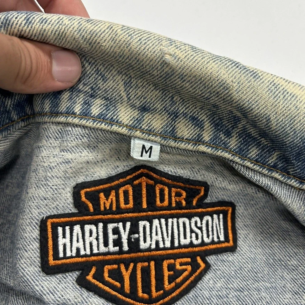 Harley Davidson Denim Jacket Mens M Blue Acid Wash Made In America Eagle Graphic